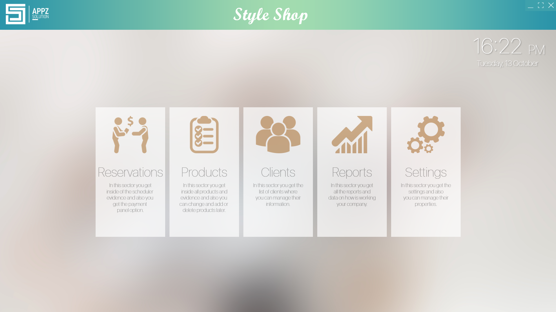 StyleShop dashboard with Reservations, Products, Clients, Reports and Settings